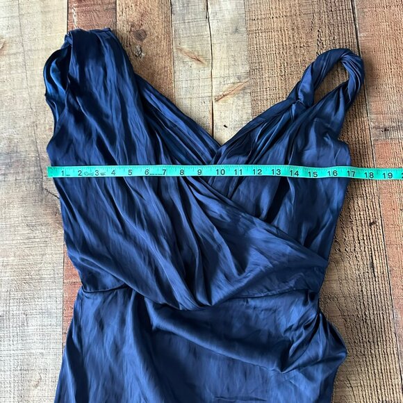 Reiss Womens Size 4 Zaria Drape Navy Satin Dress Sleeveless Ruched Bodycon Mini - Picture 2 of 11